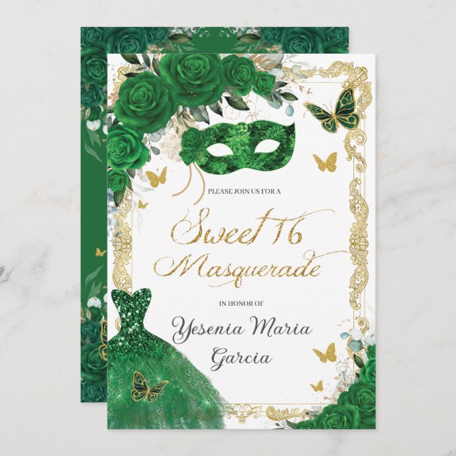 Chic Sweet 16 Masquerade Emerald Green Floral Gold Invitation (Front/Back)