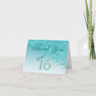 Chic Sweet 16 Teal Blue Glitter Thank You Card