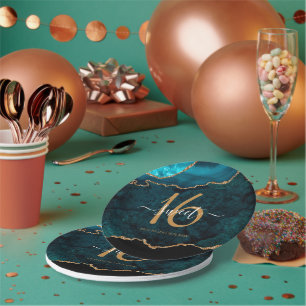 Chic Sweet 16 Teal Gold Glitter Agate Party Paper Plate