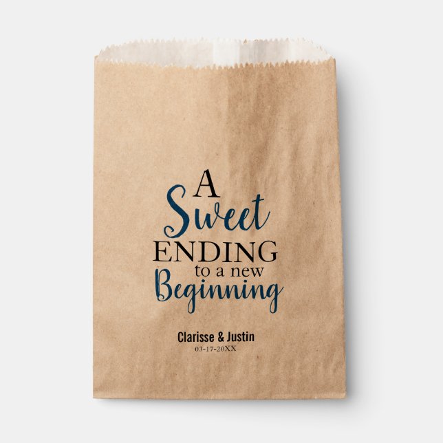 Chic Sweet Ending New Beginning Navy Blue Wedding Favour Bag (Front)