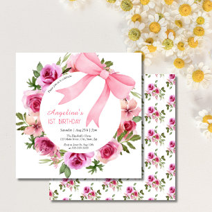 Chic Sweet Pink Bow Rose Floral Birthday Invitation