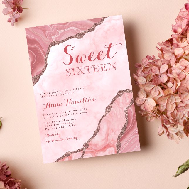 Chic Sweet Sixteen Blush Pink Gold Agate Geode Invitation (Creator Uploaded)
