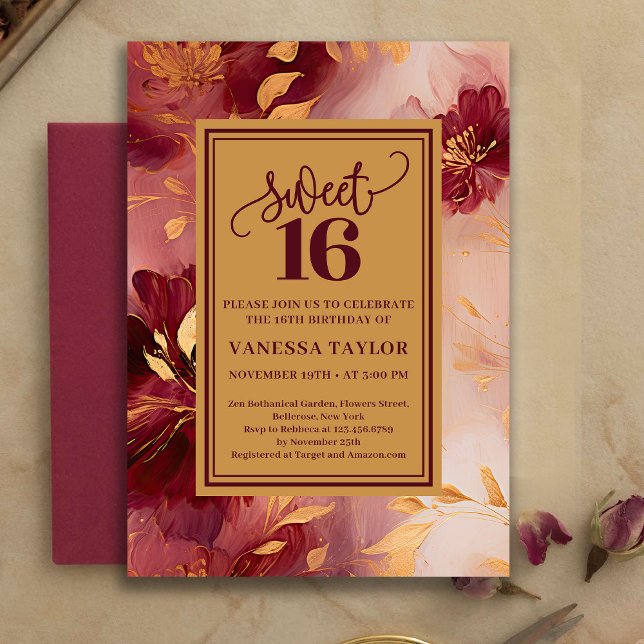 Chic Sweet Sixteen Burgundy Roses Gold Invitation (Chic Sweet Sixteen Burgundy Roses Gold Invitation)