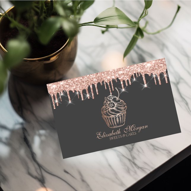 Chic Sweets Cupcake Rose Gold Drips Bakery Business Card (Creator Uploaded)