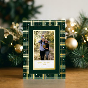 Chic Tailored Green/Gold Christmas Plaid Photo Foil Holiday Card