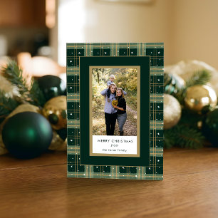Chic Tailored Green/Gold Christmas Plaid Photo Holiday Card
