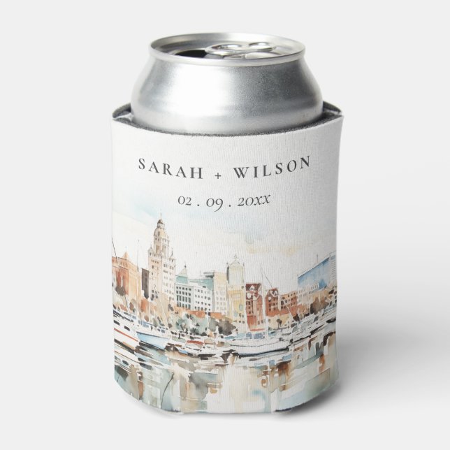 Chic Tampa Florida Skyline Watercolor Wedding Can Cooler (Can Front)