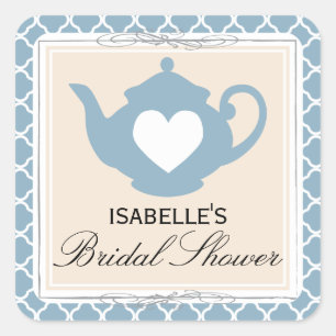 Chic Tan & Blue Teapot Bridal Shower Tea Party Square Sticker