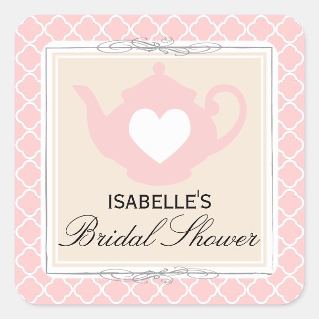 Chic Tan & Pink Teapot Bridal Shower Tea Sticker (Front)