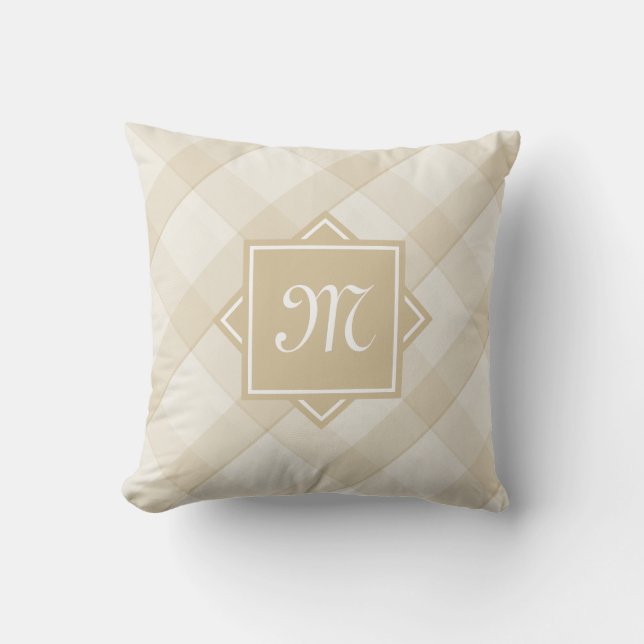 Chic Tan Plaid With Modern Diagonal Monogram Cushion (Front)