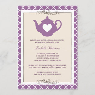 Chic Tan & Purple Teapot Bridal Shower Tea Party Invitation
