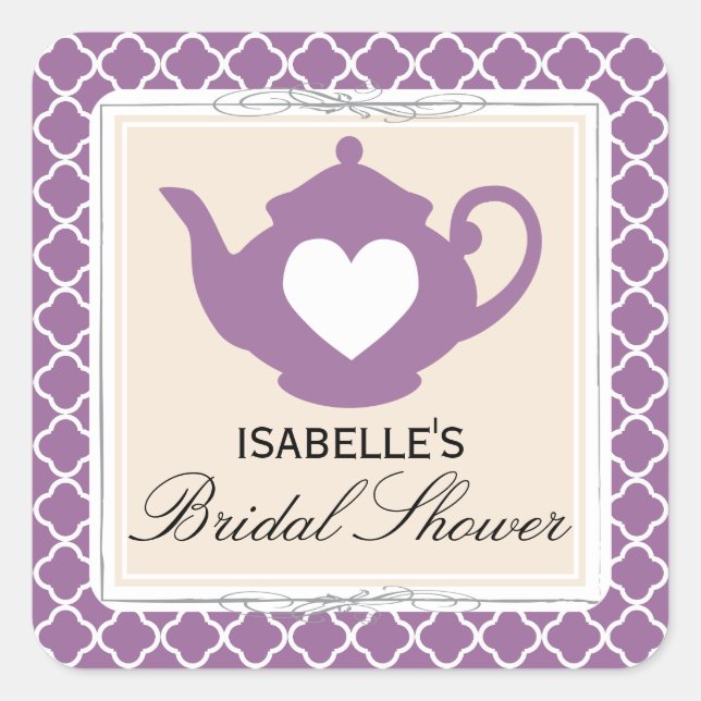 Chic Tan & Purple Teapot Bridal Shower Tea Sticker (Front)