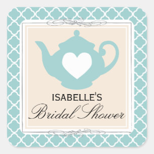 Chic Tan & Teal Teapot Bridal Shower Tea Party Square Sticker