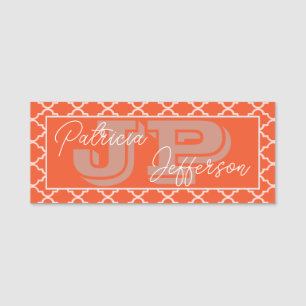 Chic Tangerine Orange Quatrefoil Monogram Name Tag