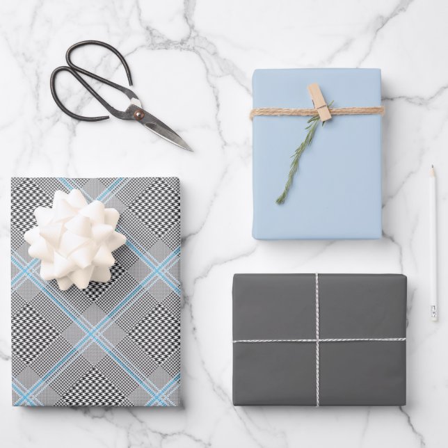 Chic Tartan Blue Grey Black Pattern Wrapping Paper Sheet (Front)