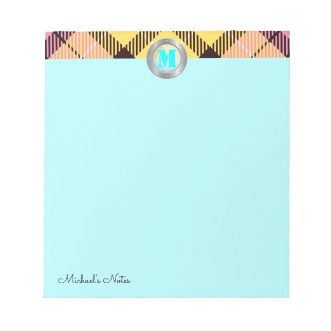 Chic Tartan Metallic Custom Script Monogram Cyan Notepad (Front)
