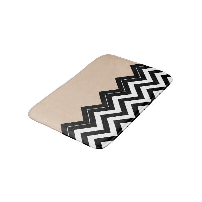Chic Taupe White Black Zigzag Stripes Pattern Bath Mat (Angled)