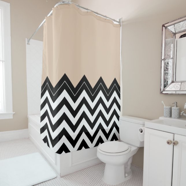 Chic Taupe White Black Zigzag Stripes Pattern Shower Curtain (In Situ)