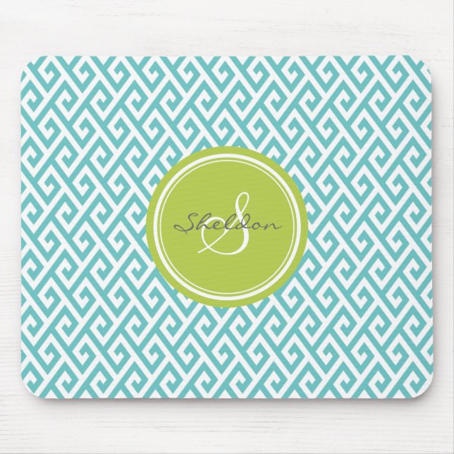 Chic teal abstract geometric pattern monogram mouse pad (Front)