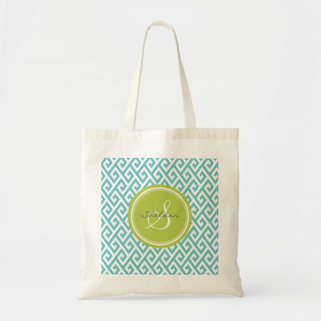 Chic teal abstract geometric pattern monogram tote bag (Front)