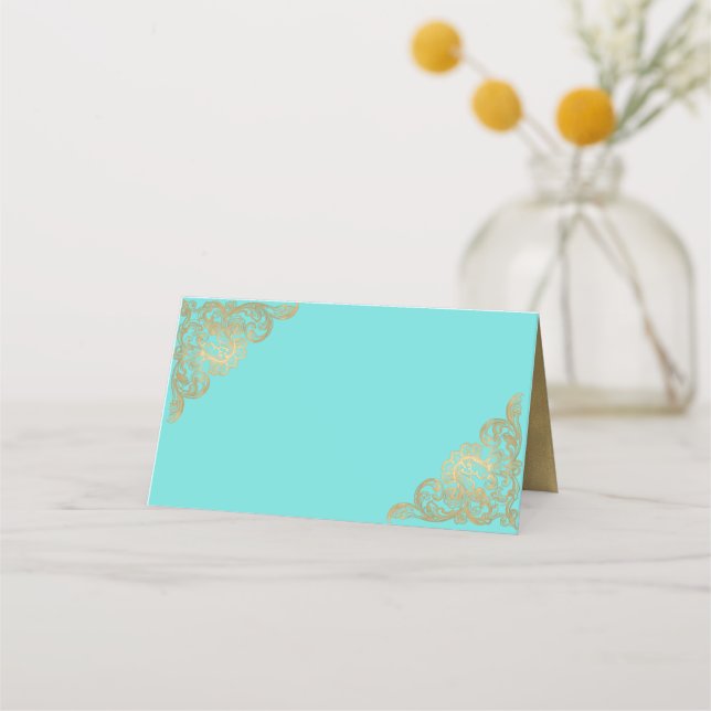 Chic Teal and Gold Wedding Folded Place Card (Front)