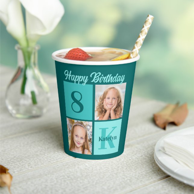 Chic Teal Birthday Party Custom Photo Collage Paper Cups (Insitu)