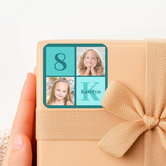 Chic Teal Birthday Party Custom Photo Collage Square Sticker (Creator Uploaded)