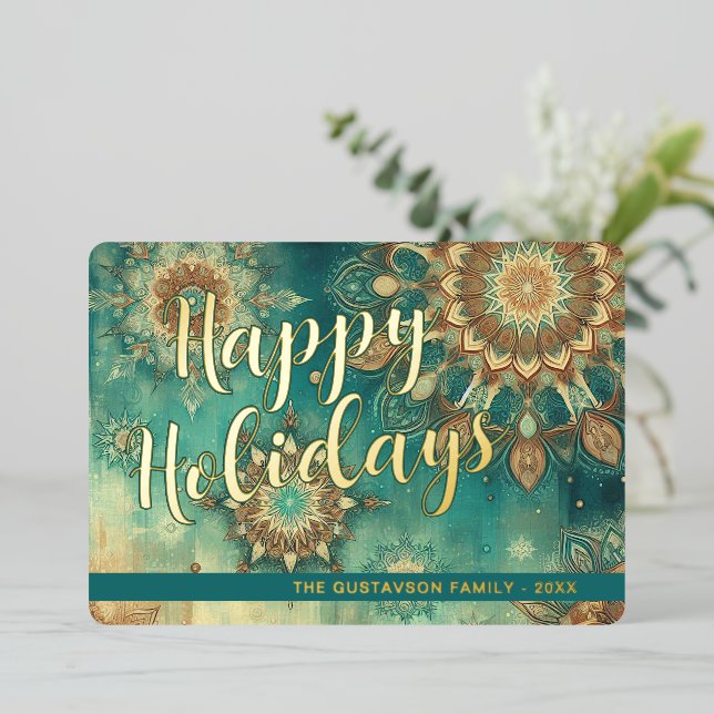 Chic Teal Blue Abstract Snowflake Floral Art Gold Foil Holiday Card (Standing Front)