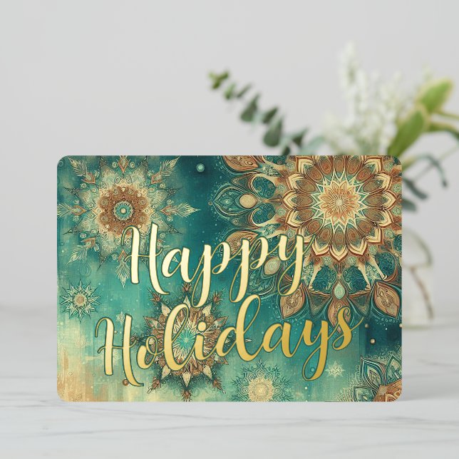 Chic Teal Blue Abstract Snowflake Floral Art Gold Foil Holiday Card (Standing Front)