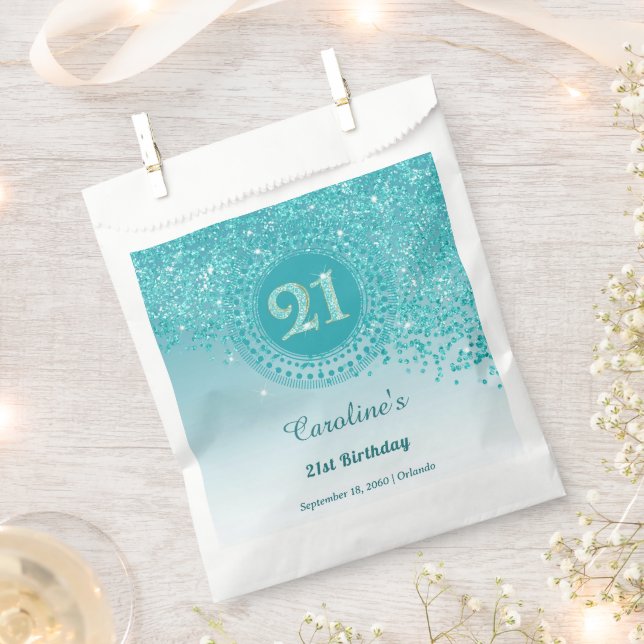 Chic Teal Blue Glitter, Dotted Frame 21st Birthday Favour Bag (Clipped)