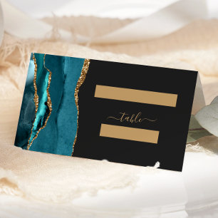Chic Teal Blue Gold Agate Dark Wedding Place Card
