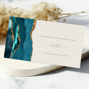 Chic Teal Blue Gold Agate Ivory Wedding Table Place Card