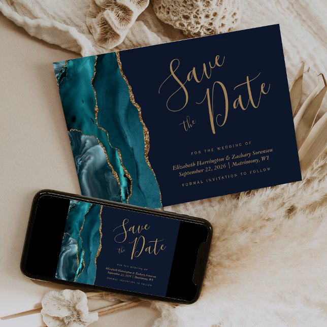 Chic Teal Blue Gold Agate Navy Blue Save the Date Invitation (Creator Uploaded)