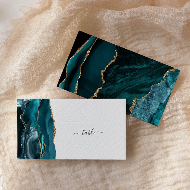 Chic Teal Blue Gold Agate Wedding Escort Place Card (Creator Uploaded)