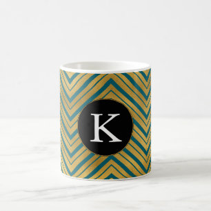 Chic Teal Blue Gold Chevron Monogram Coffee Mug