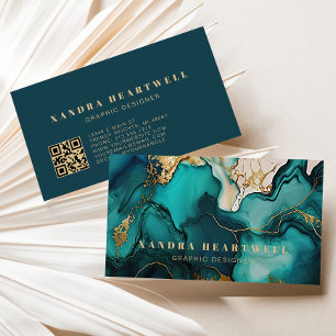Chic Teal Blue Gold Glitter Ink Abstract QR Code Business Card
