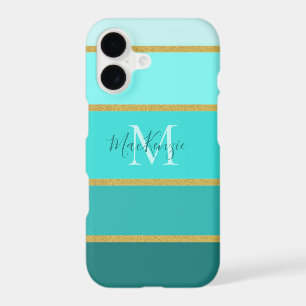 Chic Teal Blue Green Stripes Pattern With Name  