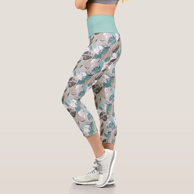Chic Teal Blue Green Taupe Brown Leaves Pattern Capri Leggings (Left)