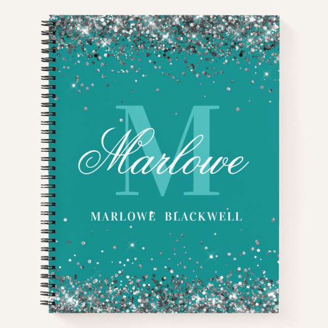 Chic Teal Blue Monogram Silver Glitter Notebook (Front)