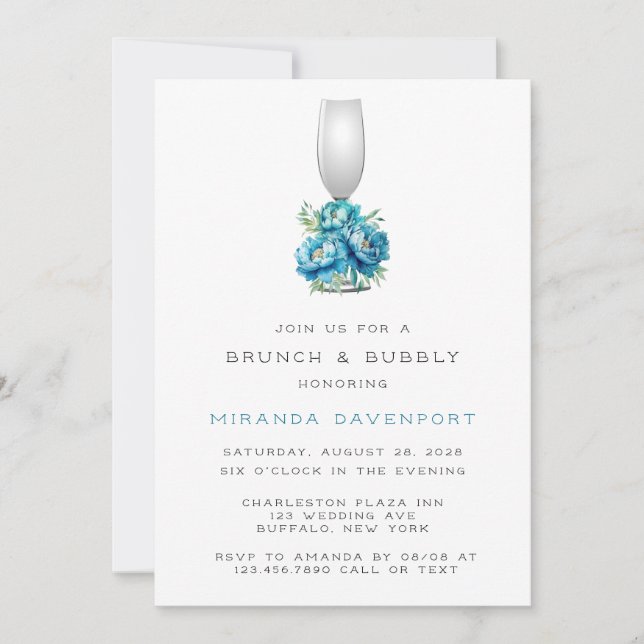 Chic Teal Blue Peony Flower Brunch & Bubbly Invitation (Front)