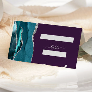 Chic Teal Blue Silver Agate Purple Wedding Place Card
