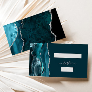 Chic Teal Blue Silver Agate Wedding Escort Place Card