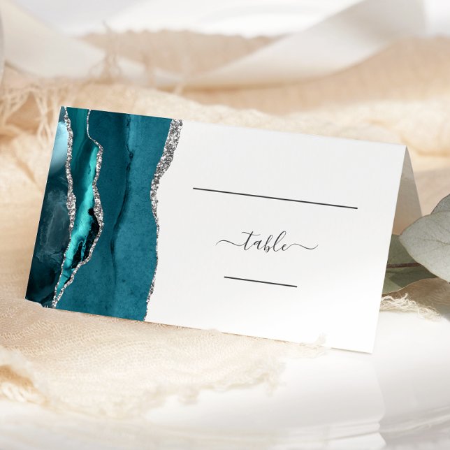 Chic Teal Blue Silver Agate Wedding Place Card (Creator Uploaded)