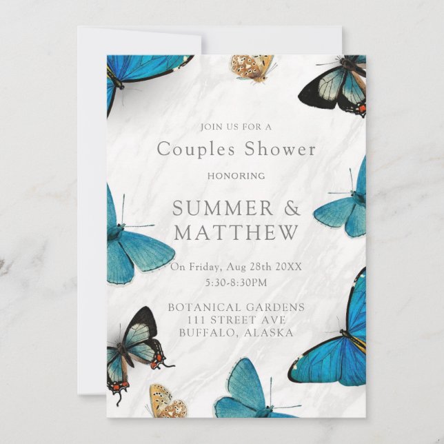 Chic Teal Blue Watercolor Butterfly Couples Shower Invitation (Front)