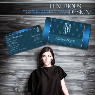 Chic Teal Blue with Initials Pattern Professional Business Card