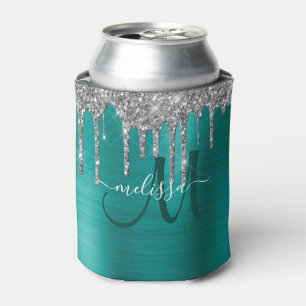 Chic Teal Brushed Metal Silver Glitter Drips Name Can Cooler