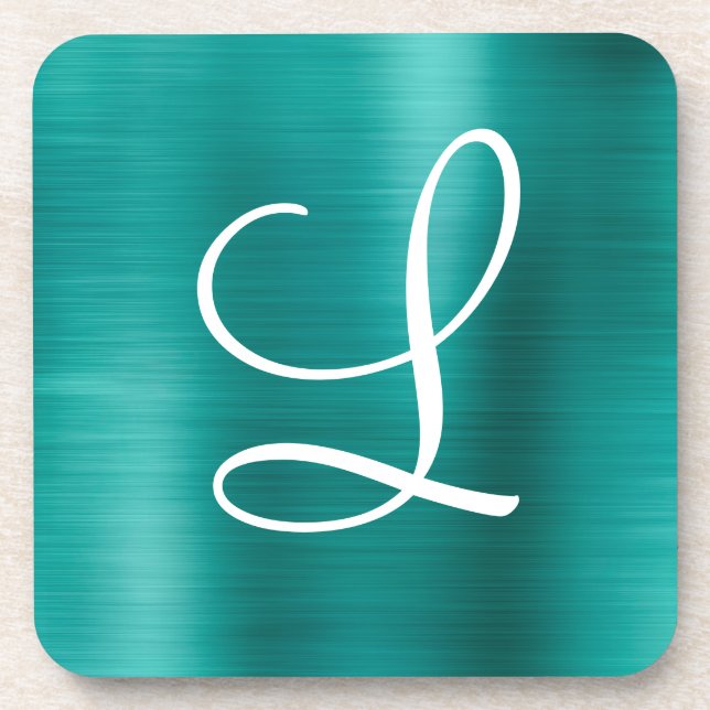 Chic Teal Brushed Metal White Monogram Coaster (Front)