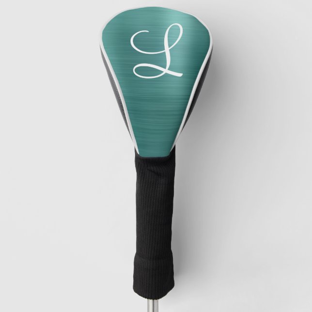 Chic Teal Brushed Metal White Monogram Golf Head Cover (Front)