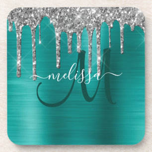Chic Teal Brushed Metallic Silver Glitter Drips Coaster