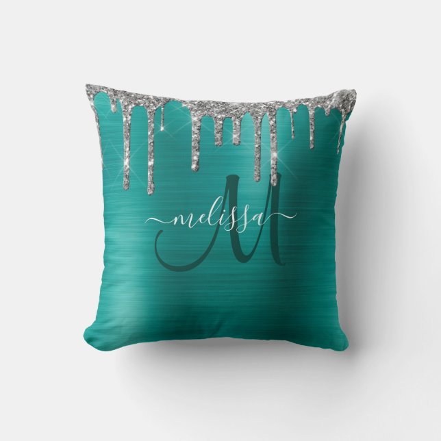 Chic Teal Brushed Metallic Silver Glitter Drips Cushion (Front)